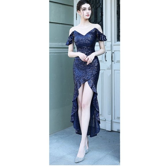 Blue Sequin Formal Dress Glitter Dress Off Shoulder Hi Low Fish Tail - Picture 2 of 12